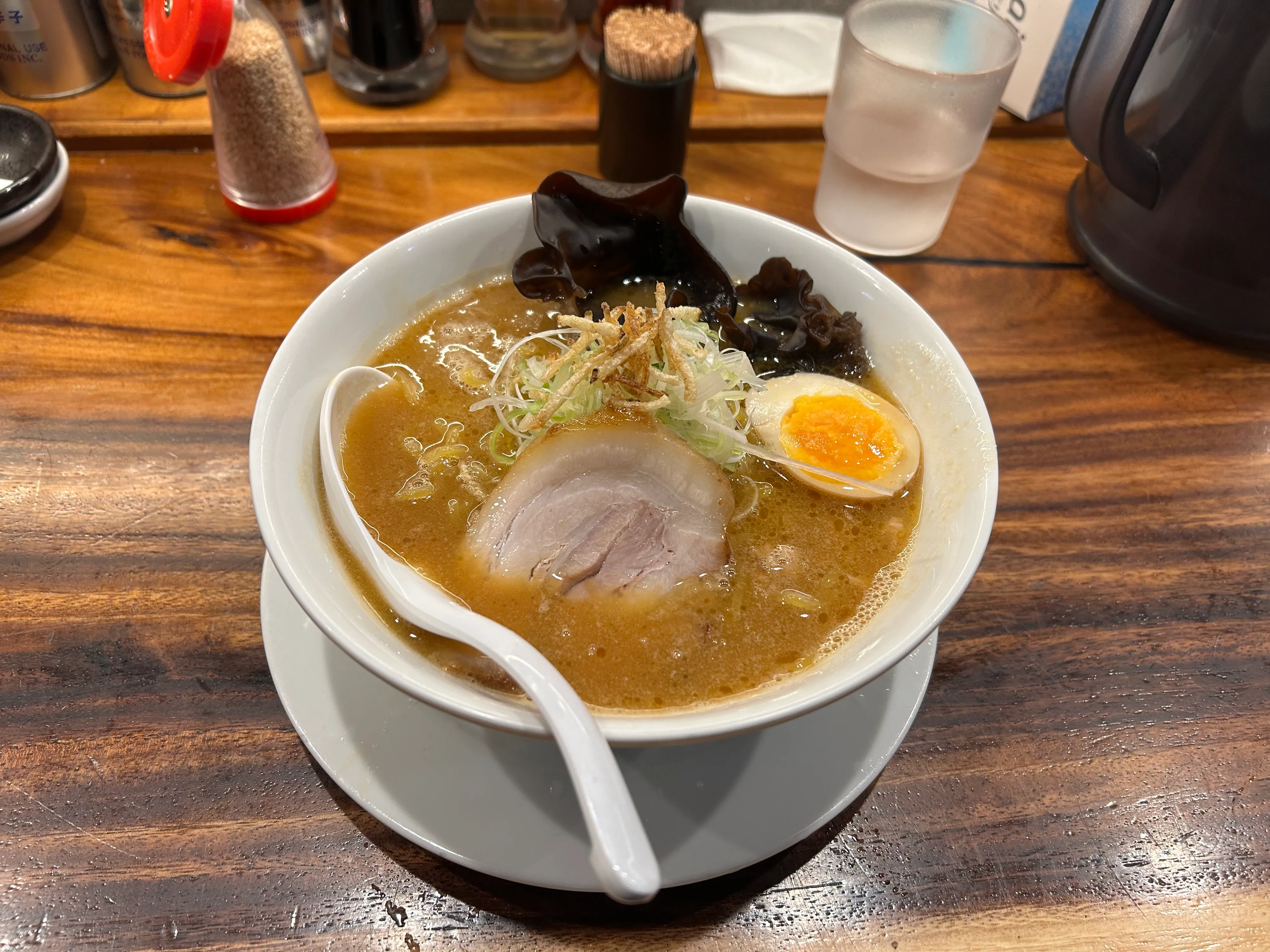 味噌ラーメンのアップ、白髪ねぎと揚げごぼうのトッピング